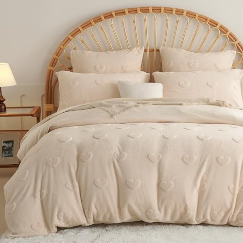 Freyamy Peluche Housse de Couette 200x200+2 Taie d'oreiller 65x65cm Beige Tuftée Amour Shaggy Furry Parure de lit 2 Personnes Adulte Flanelle Fuzzy Hiver Chaude Linge de lit avec Fermeture Éclair