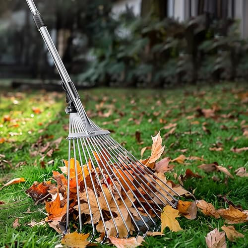 Rastrello Per Foglie Rastrello da giardinaggio per erbacce in acciaio inossidabile - Da 55 cm a 75 cm, rastrello per foglie retrattile con manico in plastica regolabile, rastrello ergonomico per il ma
