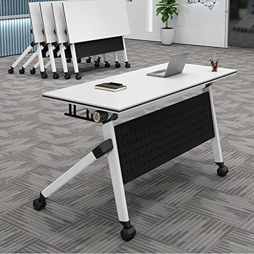 Mobiler Konferenztisch mit feststellbaren Rollen, Tischplatte aus Holz und Metallgestell, erhältlich in 3 Größen (120 cm, 140 cm, 180 cm), Weiß