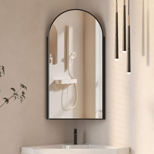 Mepplzian 16x31 Inch Black Corner Medicine Cabinet with Mirror,Corner Mirror Cabinet Surface Mounted for Small Space,Bathroom Cabinet Wall Mounted,Arched Mirror Cabinets for Bathroom