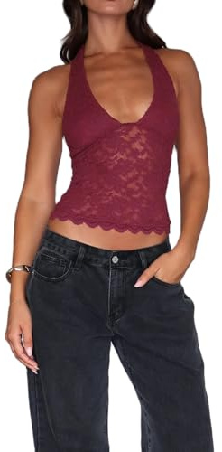 Qtinghua Womens Y2K Floral Lace Crop Tops Sexy Deep V-Neck Backless Tank Summer Going Out Aesthetic Grunge Halter Top Club Streetwear (Fuchsia, M)