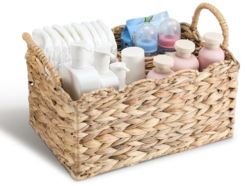 Chunful Wicker Diaper Caddy Organizer Scalloped Edge Rattan Basket with Dividers 9.5 x 13.5 x 7 Inch Woven Natural Basket Storage Organizer Handmade for Baby Shower Gifts Newborn Storage