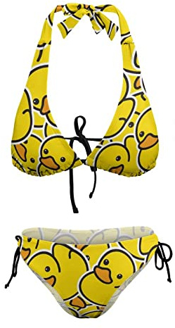 HLBSDM Costume da Bagno Bikini Sexy da Donna con Scollo a V, a Triangolo, con Stampa di paperella di Gomma Gialla, 2 Pezzi