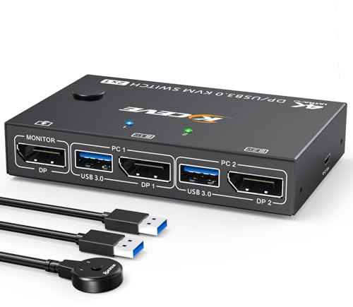 Switch KVM USB3.0 Displayport 4K@144Hz, ESKEVE KVM Switch 1 Monitor 2 Computer 8K@30Hz per 2 computer che condividono 1 monitor e 4 dispositivi USB3.0. Cavo USB e telecomando cablato inclusi