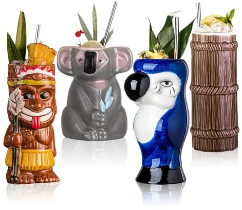 Vinbcorw Tiki-Tassen Set von 2/4- Großer Papagei Cocktail Tiki Brille Hawaiian Party süße exotische Cocktailgläser Hawaiianer Keramikbecher,B