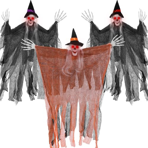 HarnyLoom 3 Stück Halloween Deko Outdoor Skelett Lichter, Geister LED-Licht Sensenmann Rote Augen, Hängende Sensenmann Dekoration, Skelett Geist Gruselige Horror Halloween-Dekoration Party Garten