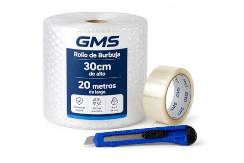 GMS - Rollo Burbuja 30cm x 20m + Cutter + Precinto - Rollo Burbuja Mudanza - Rollo Plastico Burbuja Embalaje - Burbuja Mudanza, Envio y Embalaje - Papel Burbuja (30cmx20m+Cutter+Precinto)