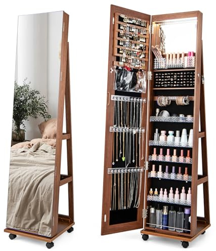 HOMFME Armoire à Bijoux avec Mirror sur Pied, Organisateur Rangement Maquillage avec Lumières LED 3 Couleurs & 5 Étagères Réglables, Porte Bijoux avec Roues pour Bague Bracelet Boucles (Marron)