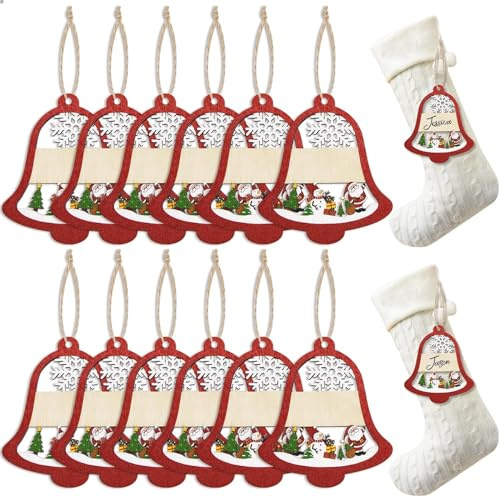 12 STK Geschenkanhänger Weihnachten Etiketten Zum Beschriften Holz Weihnachtsstrumpf Tags Anhängeschilder Glocken Personalisierte Anhänger Ornament mit Schnur für Weihnachtsbaum Dekoration DIY
