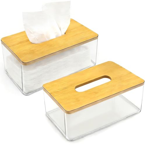 2 Pack Acrylic Tissue Box Holders, Clear Paper Holder with Wooden Cover | Rectangular Tissue Box Holder for Home Bedroom Office Bathroom Living Room, 23 x 13 x 10 cm