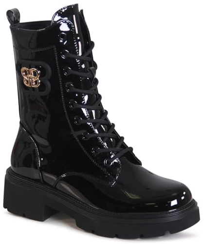 topschuhe24 3194 Damen Lack Stiefeletten Worker Biker Boots, Farbe:Schwarz, Größe:38 EU