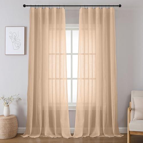 Joydeco Cortinas Visillos Translúcidas de Aspecto Lino con Cinta Fruncidora para Riel 2 Piezas, Visillos Semitransparente 140x245 cm Paras Ventana y Puerta de Salon Dormitorio - Melocotón