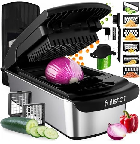 Fullstar Pro Original - Cortador de Verdura y Mandolina - 12 Cuchillas | Corte en Juliana, Rallador Queso - Picador de Verduras, Patatas y Cebolla Manual con Protector Dedos (12-en-1, Blanco)