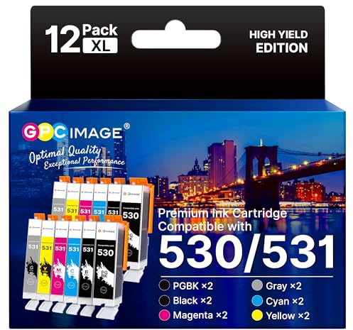 GPC IMAGE 530 531 Druckerpatronen XXL Kompatible für Canon PGI 530 CLI 531 | mit Canon Pixma TS8750 TS8751 TS8550 TS8551, Schwarz PGBK/BK, Cyan, Magenta, Gelb, Grau, 12er-Pack
