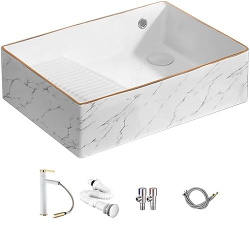 Lavabo da Appoggio Ceramica, Lavatoio Lavanderia con Asse da Bucato, Lavandino Bagno con Rubinetto Estraibile e Kit di Scarico, per Bagni, Balconi e Lavanderie