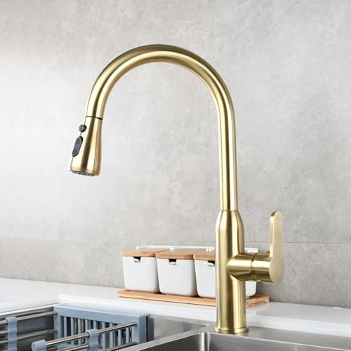 Rubinetto Cucina con Doccetta Estraibile Ottone Girevole 360° Rubinetteria Cucina Estensibile Monoforo-Oro Spazzolato