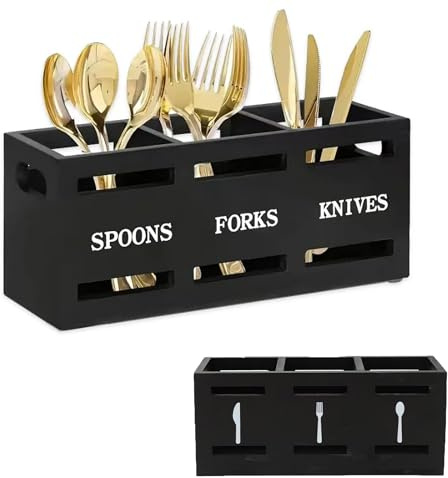 YQBFTC Kitchen Utensils Holder Crocks with 3 Compartment,Wooden Cutlery Holder Caddy Organizer,Modern Black Large Capacity Spoon Holder,Utensils Organizer Storage Container for Knife,Fork and Spoon