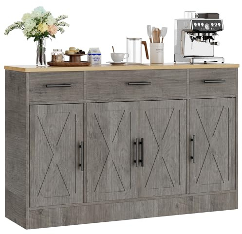 Shintenchi Buffet Cabinet with Storage,53.4 Large Kitchen Storage Cabinet with 3 Drawers and 4 Doors,Wood Farmhouse Buffet Sideboard with Adjustable Shelf for Kitchen Living Room, Gray