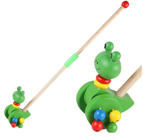 Ameble Wooden Pull Along Toy Adjustable Push Rod Baby Push Along Walker Cartoon for Toddlers Aged 36+ Months Early Learning Walking Toy
