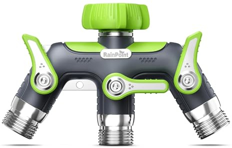 RAINPOINT Garden Hose Splitter 3 Way, 3/4 Heavy Duty Water Hose connector with Shutoff Valves and 3/4 to 1/2 Adapter, 100% Metal Body Outdoor Faucet Splitter, 1.9 Extra Long Metal Handle
