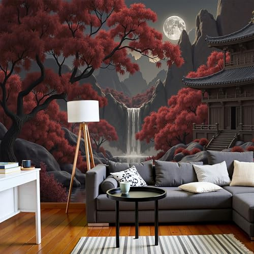 Fotomurales Cascada De Arce Retro 400X280Cm Papel Pintado Decoración De Pared Paisaje Japonés, Murales Póster Rojo Y Negro Efecto 3D, Fotográfico Murales Para Dormitorio Salón Tv Pared
