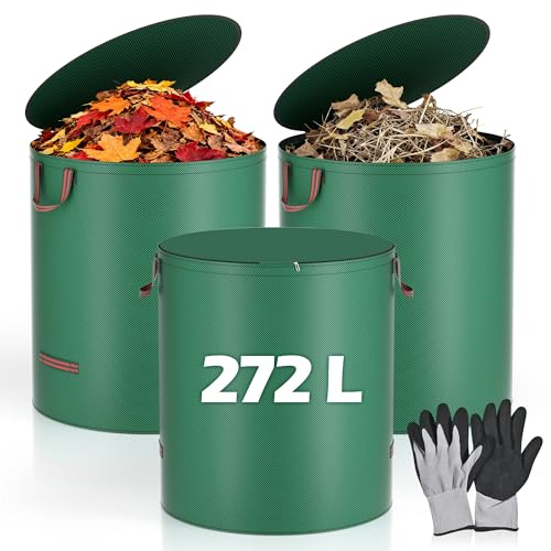 Flaveano Laubsack, 3x272L Gartensack Mit Deckel, Gartenabfallsack Stabil Mit Gartenhandschuhen