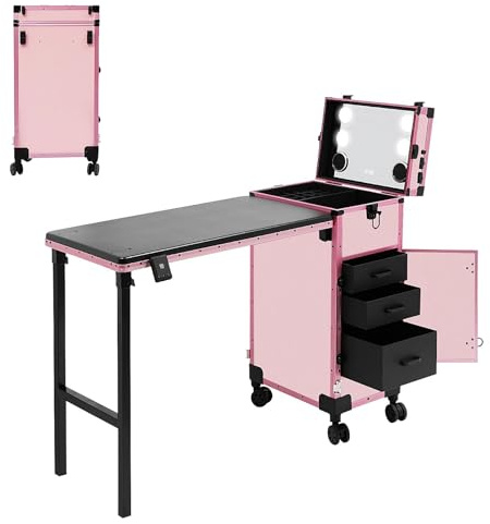 HUOMMGS Professionell kosmetisk väska Trolley 2-i-1 sminkväska med bord upp till 50 kg manikyrbord med 3 lådor, LED-spegel, 4 rullar multifunction kosmetisk väska frisörväska (rosa)
