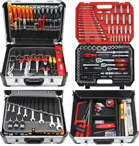 FAMEX 419-51 Profi Alu Werkzeugkoffer PROFESSIONAL mit 219-tlg. Steckschlüsselsatz 1/2, 1/4, 3/8 - viele Werkzeuge Made in Germany - für den gewerblichen Einsatz - Alu-Koffer groß - Werkzeugkasten