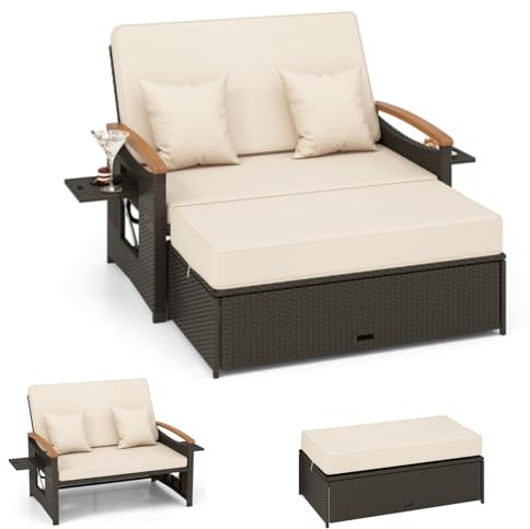 LIFEZEAL Rattan Gartenlounge Set, Lounge Möbel Outdoor, Gartensofa mit Liegefunktion, Outdoor Sofa mit Stauraum, Loungemöbel 2 Personen für Garten, Terrasse & Balkon (Beige)