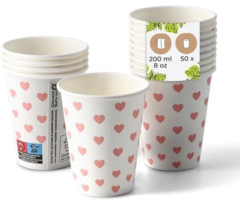 BIOZOYG Gobelets en carton imprimés Cœurs 50 pièces 200 ml / 8 oz, Ø 80 mm, blanc - Gobelets à café à emporter - avec revêtement PE - Gobelets pour boissons chaudes et froides, gobelets jetables