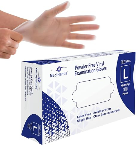 MediHands Vinyl Clear Large Gloves, Disposable Surgical Gloves, Box of 100, Powder Free, Latex Free, Protein Free, Medical, Food, Multi-Use