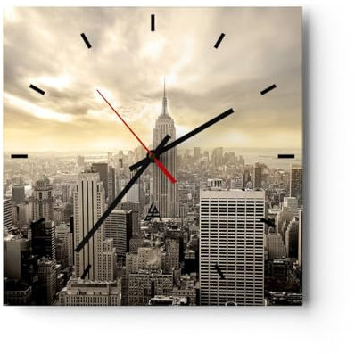 Modern Wanduhr Stadt Wolkenkratzer Manhattan New York 30x30cm Quadrat Klein Wand Uhr Glas Analog Zimmeruhren Küche Büro Wohnzimmer Glasuhr Wall Clock Dekoration Design Küchenuhr C3AC30x30-2630