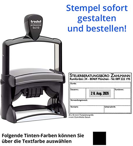 Trodat Professional Text- & Datumsstempel 54110-85 x 55 mm - 12-zeiliger Stempel mit Datum ACHTUNG Deutsche Wochentage, in verschiedenen Farben, gleich Online gestalten!!! (schwarz)