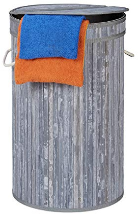 Relaxdays Wäschekorb Bambus, runder Wäschesammler mit Klappdeckel, 65 l, faltbare Wäschetonne, groß, rund Ø 40 cm, grau