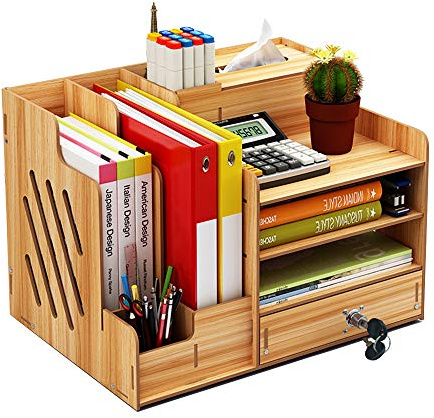 Hggzeg Schreibtisch-Organizer aus Holz, große Kapazität, zusammenbaubar, Bürobedarf, Aufbewahrung, Ordner, Dokumente, Zeitschriftenhalter mit Schublade, Stifthalter-Box （B07-2 Kirsche）