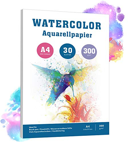 Aquarellpapier A4, 30 Blätter, 300 g/m², Weiß Aquarell Papier mit Rauher Oberfläche, pH-neutral Watercolour Paper Pad, 100% Baumwolle Säurefreis Papier für Aquarellmalerei Zeichnung und Handlettering