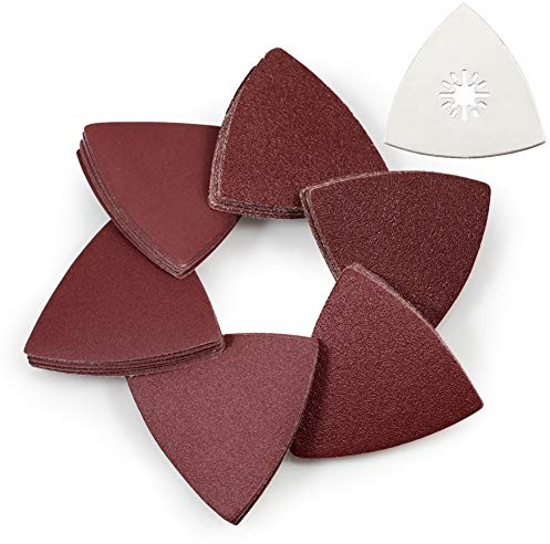 SPEEDWOX Lot de 61 disques de ponçage triangulaires de 80 mm avec patin de ponçage oscillant en acier inoxydable Assortiment de grains 40/60/80/120/180/240