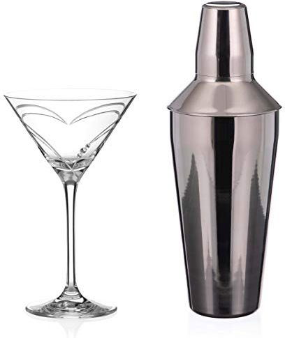 DIAMANTE Martini Shaker and Glass Set 'Hearts' - Martini Set with one Metal Shaker and 1 'Hearts' Crystal Martini Glass