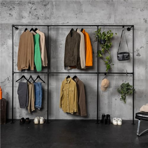 RSR Hangers Kleiderstange Garderobe Kleiderschrank Industrial Design für die Wand | Höhe: 210 cm x Breite: 310 cm | Schwarz | Wandmontage | Wandgarderobe | begehbarer Kleiderschrank