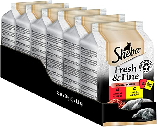Sheba Fresh & Fine in Sauce - Hochwertiges Katzen Nassfutter - Rind und Huhn - Für die tägliche Abwechslung im extra kleinen Portionsbeutel - 36 x 50g