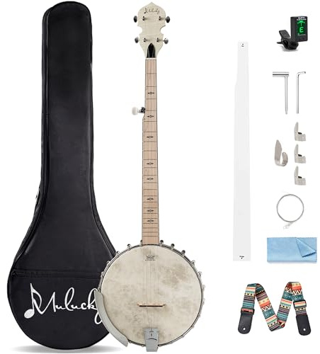 Mulucky 5 String Banjo, Full Size with 24 Brackets, Open Back, Maple Banjos with Remo Head, Geared 5th Tuner, Gift Package with Beginner Kit - MB1101