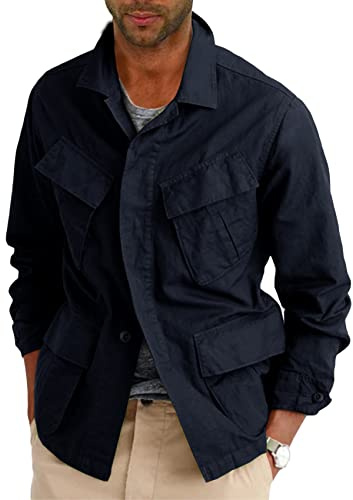 Runcati Mens Lightweight Safari Jacket Button Up Cotton Outdoor Military Cargo Long Sleeve Outwear