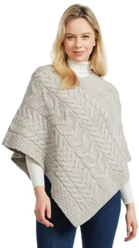 Aran Woollen Mills Irish Knit Poncho for Women Supersoft Merino Wool Triangular Cardigan Made in Ireland (Oatmeal), One Size