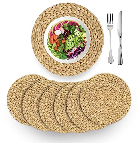 (4 Sizes: 12-13-14-15) BARIEN Woven Placemats Round Set of 6, Natural Water Hyacinth Weave Placemat for Dining Table, Large Handmade Woven Placemats Heat Resistant Non-Slip (14 - Set of 6)