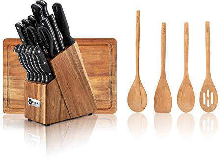 Set di coltelli Bill.F, Set da cucina in legno per la cucina con blocco di coltelli in acciaio inox, 16 pezzi, 4 pezzi di utensili da cucina in legno Set di cucchiai, 1 x tagliere con scanalature
