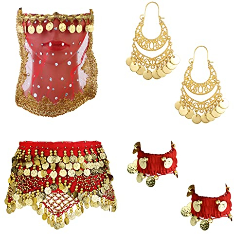 Kakonia 4er-Set Bauchtanz-Accessoires für Damen - Gürtel, Schal, Quaste, Fußkettchen - Rot