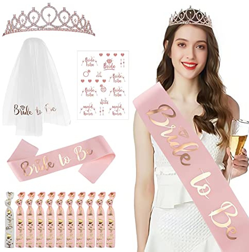15-teilig Jga Set Braut,Deko Schärpe Set, Deko Schärpe Set, Junggesellenabschied Frauen Deko Armband Set, Bride to Be und Team Bride Armbänder Set mit 10 Team Braut Armbänder 1 Braut Armband Schleier