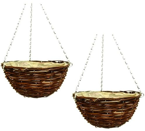 Fyne-Finds Set of 2 Dark Brown Wicker Hanging Basket Lined Rattan Willow Planter 25cm, 10inch