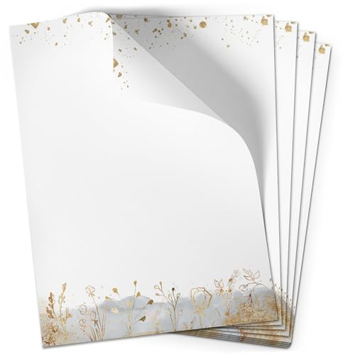 50 Blatt Briefpapier (A4) | Aquarell Grau Gold-Look | Motivpapier | edles Design Papier | beidseitig bedruckt | Bastelpapier | 90 g/m²