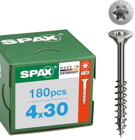 SPAX Vis en inox à bois 4 x 30 mm, 180 pièces - Vis à filetage partiel, tête fraisée, T-STAR plus T20, 4CUT, acier inoxydable A2 - 8000000287381